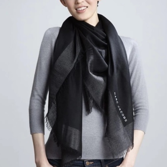 Marc Jacobs black silver sheer lightweight square fringe scarf wrap - Picture 1 of 8